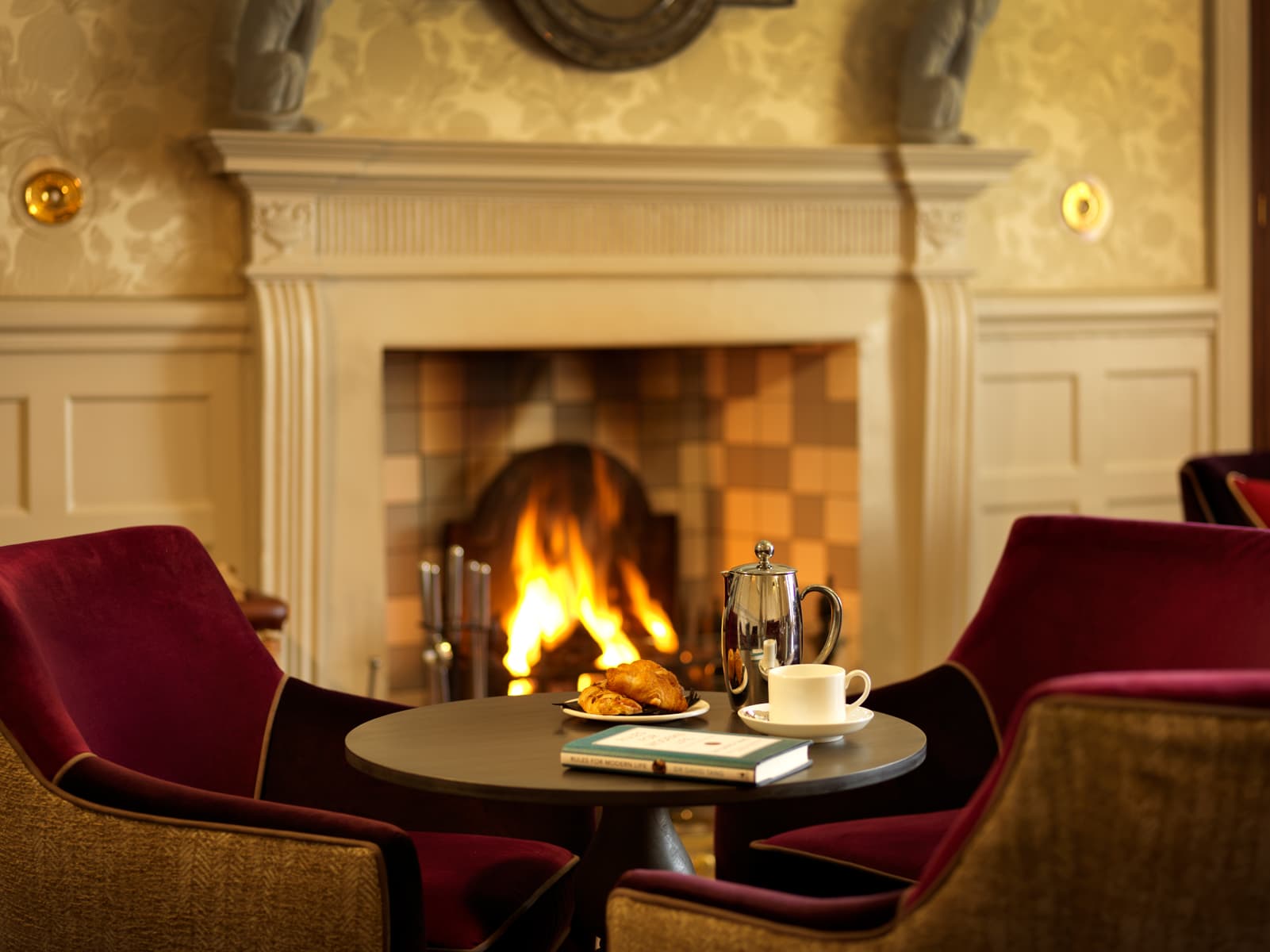 chairs in front of the fire at Wentbridge House Hotel in West Yorkshire