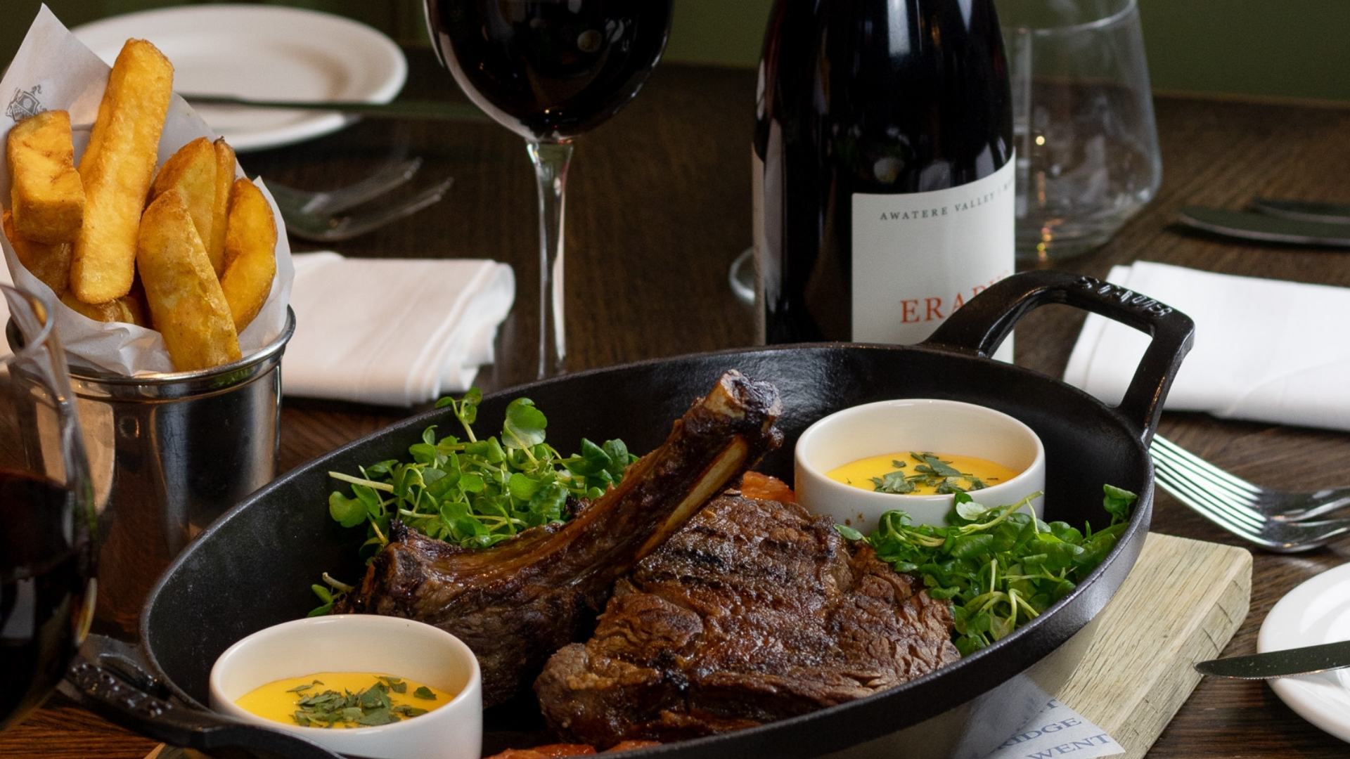 Steak dinner with red wine at Wentbridge House